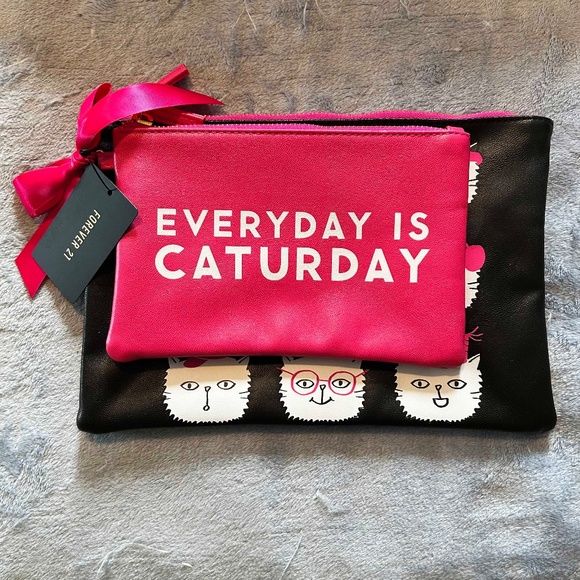 MAKEUP BAGS, SET OF TWO, "EVERYDAY IS CATURDAY" & OTHER ONE IS CAT FACES ON BLAC - Picture 6 of 6